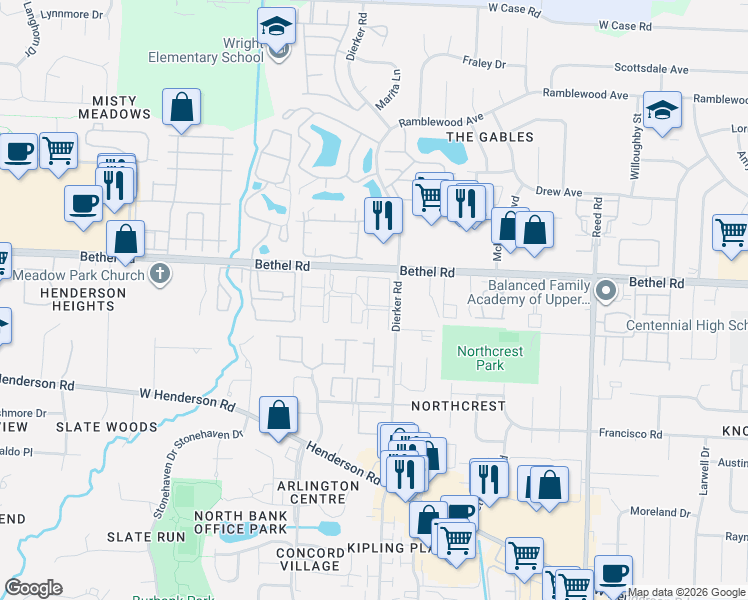 map of restaurants, bars, coffee shops, grocery stores, and more near 6 Hedgerow Road in Columbus