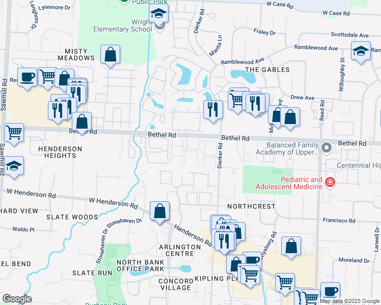 map of restaurants, bars, coffee shops, grocery stores, and more near 2291 Hedgerow Road in Columbus