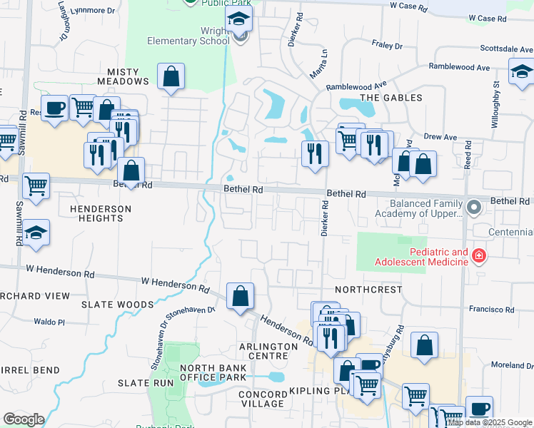map of restaurants, bars, coffee shops, grocery stores, and more near 2279 Hedgerow Road in Columbus