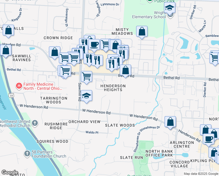 map of restaurants, bars, coffee shops, grocery stores, and more near 5322 Darlington Road in Columbus