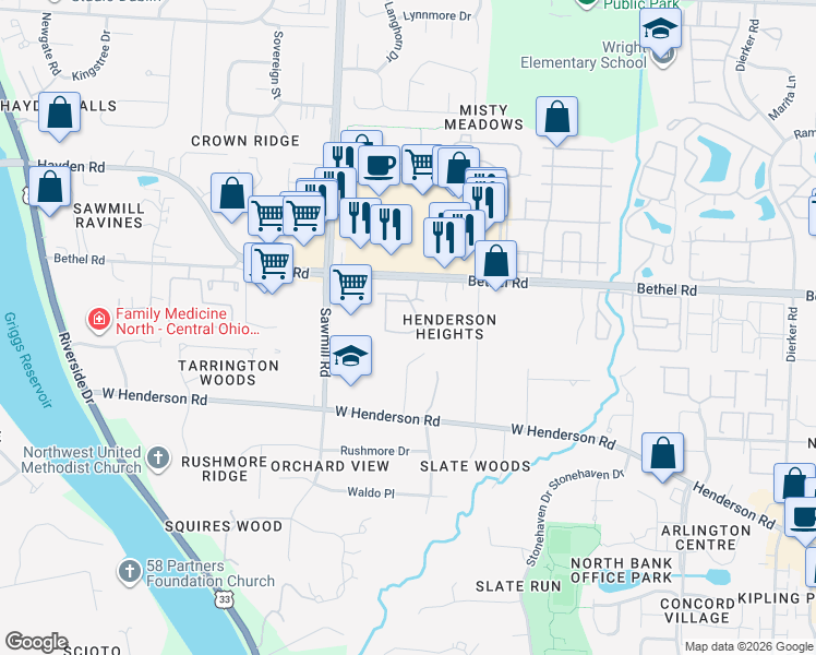 map of restaurants, bars, coffee shops, grocery stores, and more near 5334 Darlington Road in Columbus
