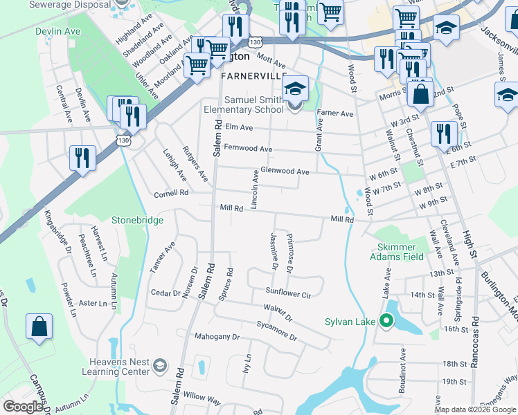 map of restaurants, bars, coffee shops, grocery stores, and more near 275 Mill Road in Burlington
