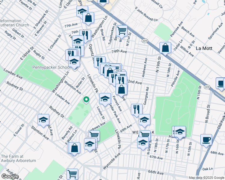 map of restaurants, bars, coffee shops, grocery stores, and more near 7107 Forrest Avenue in Philadelphia