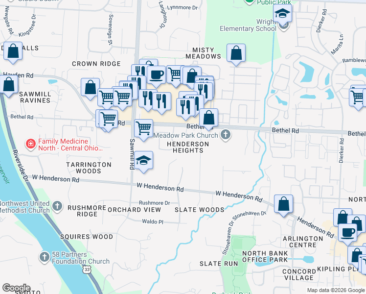 map of restaurants, bars, coffee shops, grocery stores, and more near 5334 Darlington Road in Columbus