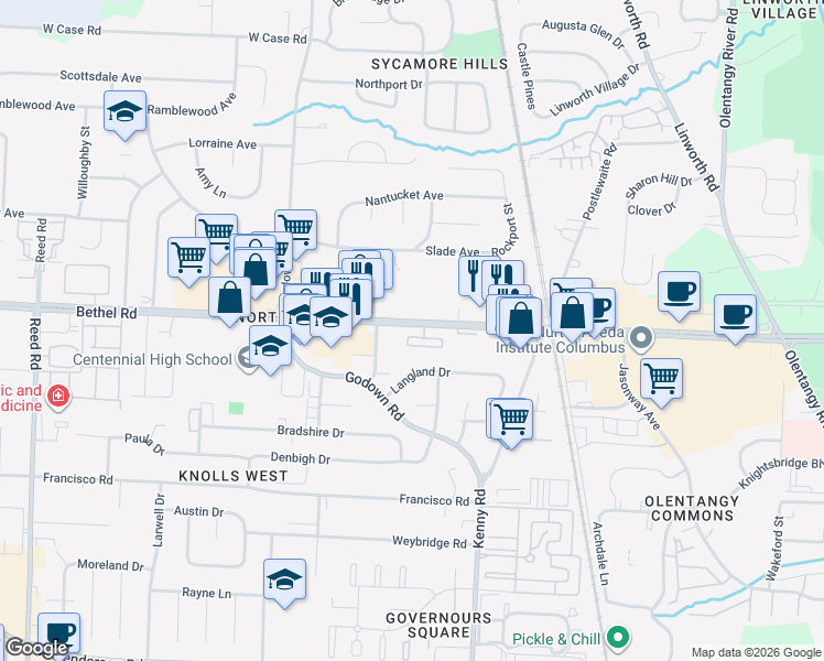 map of restaurants, bars, coffee shops, grocery stores, and more near 1229 Bethel Road in Columbus