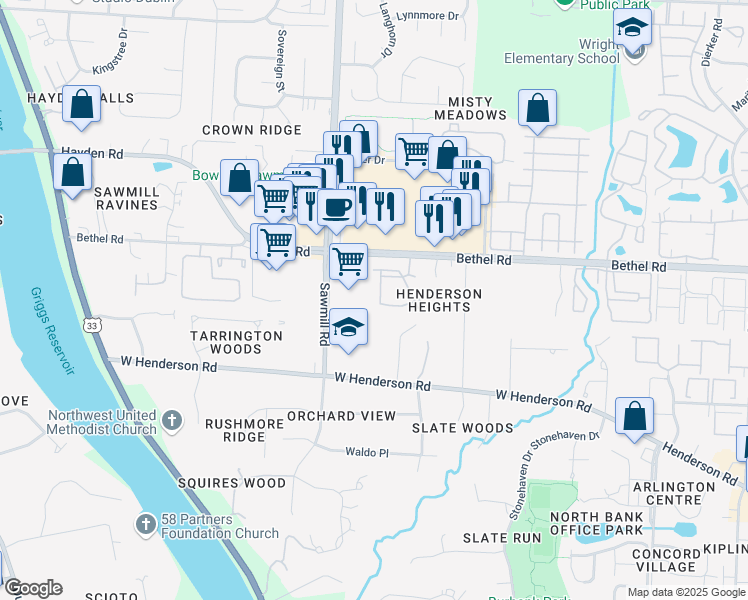 map of restaurants, bars, coffee shops, grocery stores, and more near 5345 Stonemeadow Avenue in Columbus