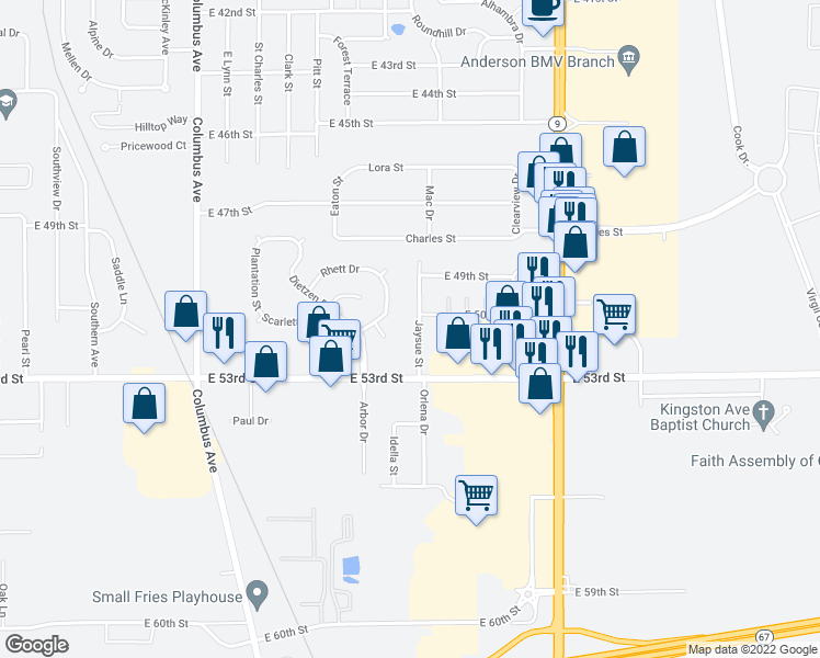 map of restaurants, bars, coffee shops, grocery stores, and more near 5025 Jaysue Street in Anderson
