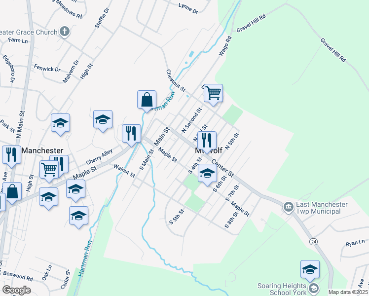 map of restaurants, bars, coffee shops, grocery stores, and more near 30 South Third Street in Mount Wolf
