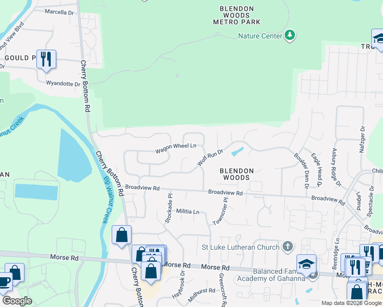 map of restaurants, bars, coffee shops, grocery stores, and more near 5269 Wagon Wheel Lane in Gahanna