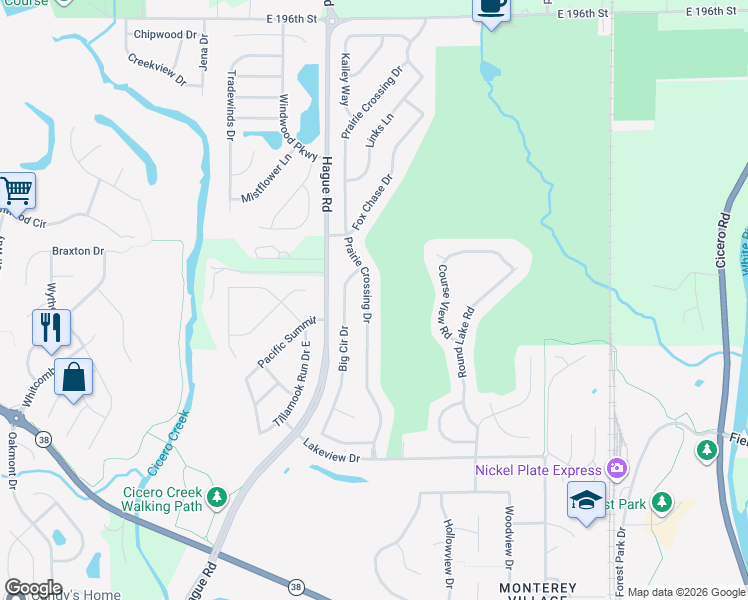 map of restaurants, bars, coffee shops, grocery stores, and more near 18974 Prairie Crossing Drive in Noblesville