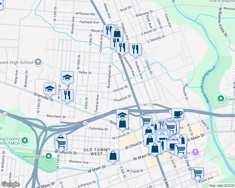 map of restaurants, bars, coffee shops, grocery stores, and more near 105 Hoover Street in Newark