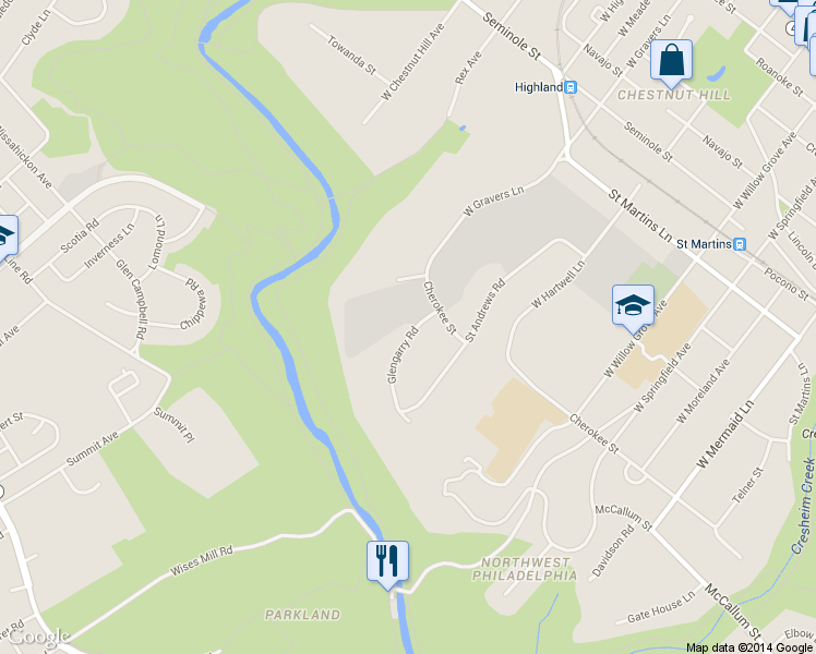 map of restaurants, bars, coffee shops, grocery stores, and more near 703 Glengarry Road in Philadelphia
