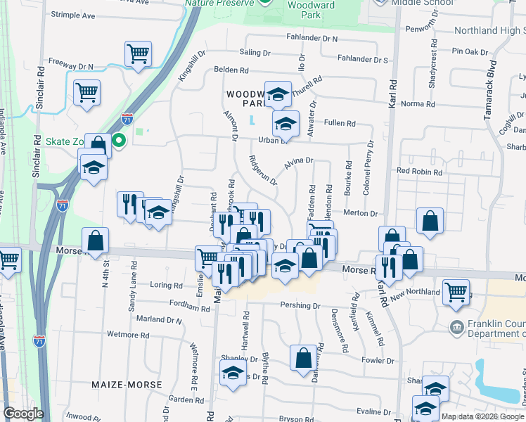 map of restaurants, bars, coffee shops, grocery stores, and more near 1274 Maize Court in Columbus