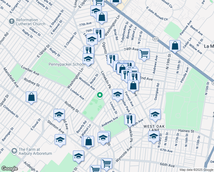 map of restaurants, bars, coffee shops, grocery stores, and more near 7242 Limekiln Pike in Philadelphia