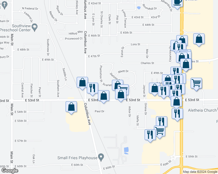 map of restaurants, bars, coffee shops, grocery stores, and more near 1301 Scarlett Drive in Anderson