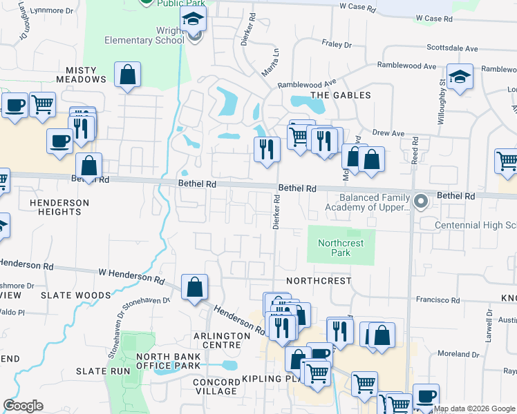 map of restaurants, bars, coffee shops, grocery stores, and more near 6 Hedgerow Road in Columbus