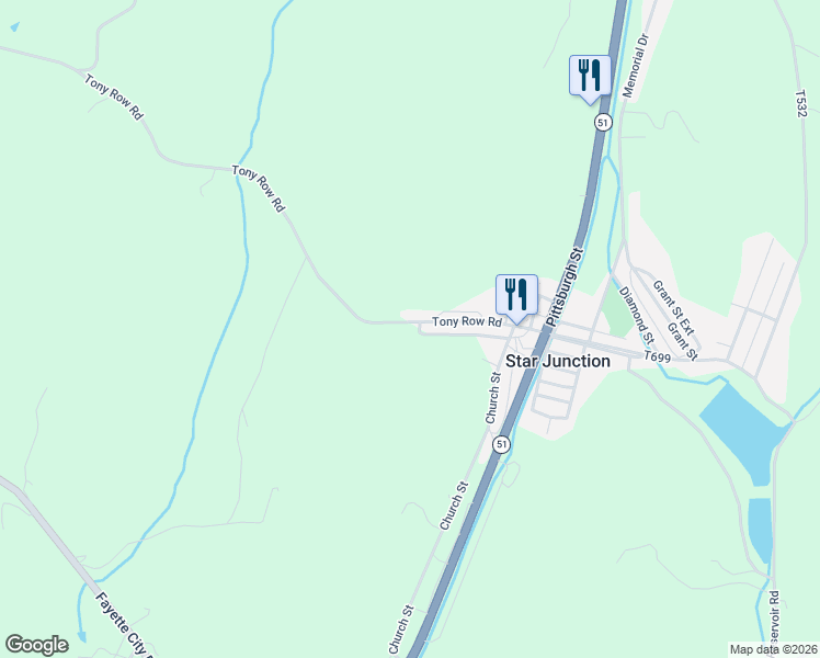 map of restaurants, bars, coffee shops, grocery stores, and more near 162 Tony Row Road in Star Junction