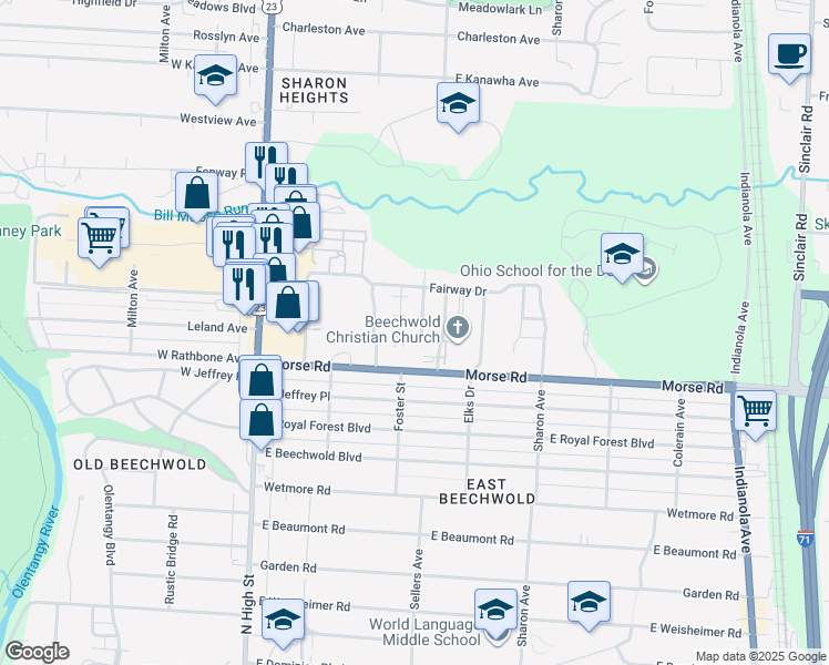 map of restaurants, bars, coffee shops, grocery stores, and more near 4908 Lunar Drive in Columbus