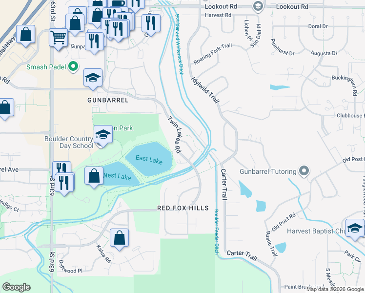 map of restaurants, bars, coffee shops, grocery stores, and more near 4884 Brandon Creek Drive in Boulder