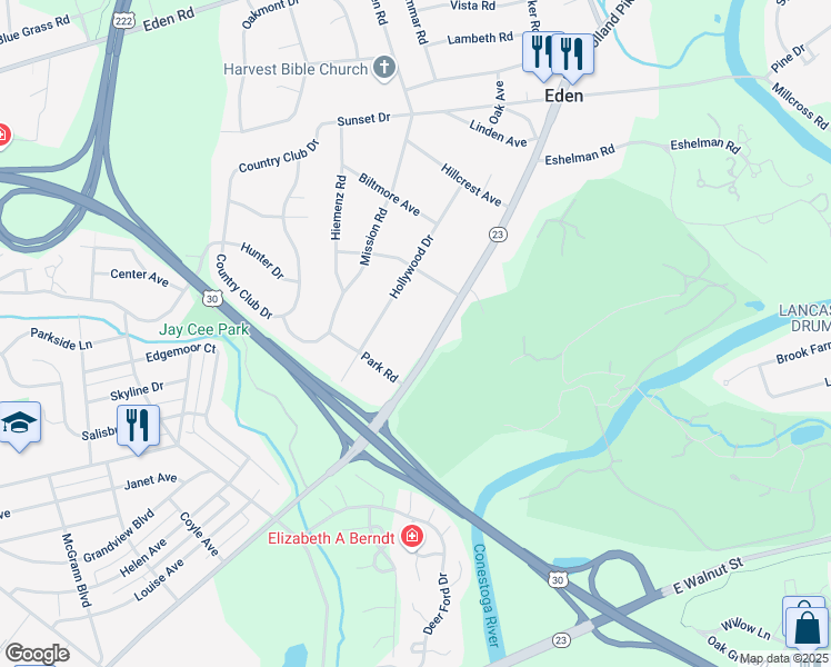 map of restaurants, bars, coffee shops, grocery stores, and more near 1445 New Holland Pike in Lancaster