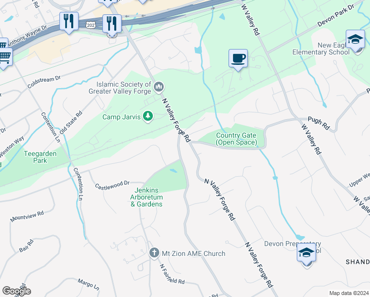 map of restaurants, bars, coffee shops, grocery stores, and more near 768 North Valley Forge Road in Devon