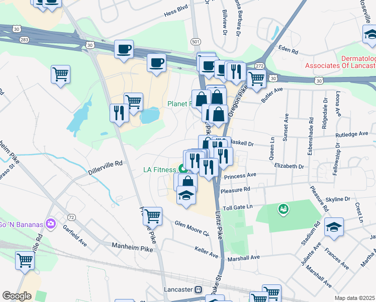 map of restaurants, bars, coffee shops, grocery stores, and more near 25 Roosevelt Boulevard in Lancaster