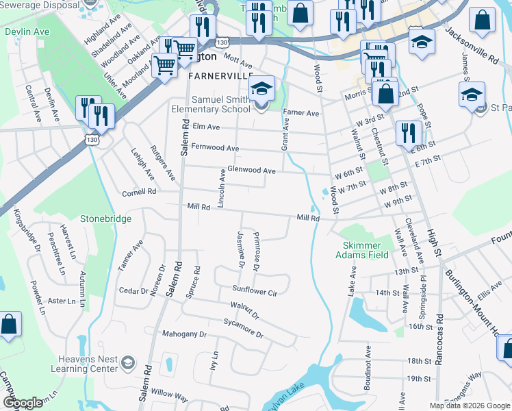 map of restaurants, bars, coffee shops, grocery stores, and more near 241 Mill Road in Burlington