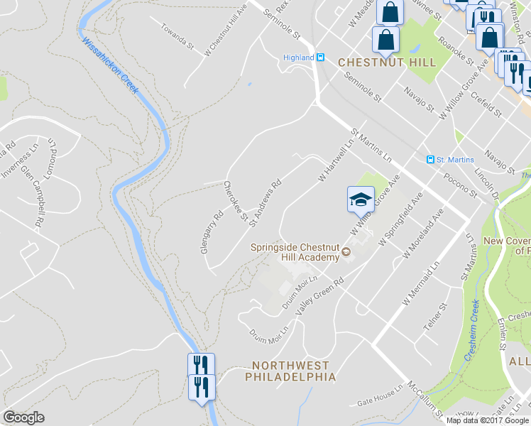 map of restaurants, bars, coffee shops, grocery stores, and more near 626 Saint Andrews Road in Philadelphia