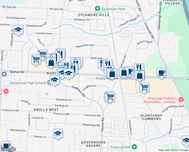 map of restaurants, bars, coffee shops, grocery stores, and more near 1185 Bethel Road in Columbus