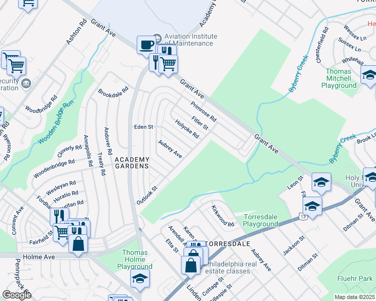 map of restaurants, bars, coffee shops, grocery stores, and more near 3466 Eden Street in Philadelphia