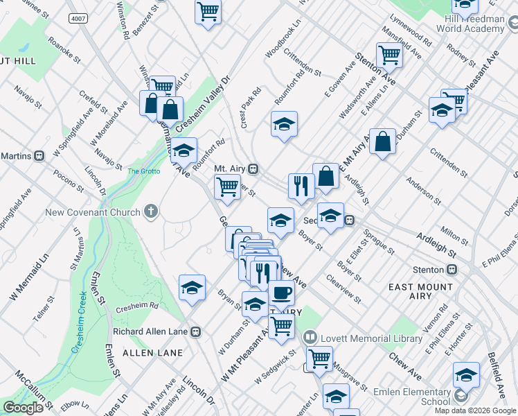 map of restaurants, bars, coffee shops, grocery stores, and more near 7314 Boyer Street in Philadelphia