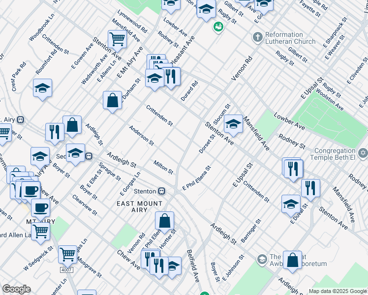 map of restaurants, bars, coffee shops, grocery stores, and more near 725 Vernon Road in Philadelphia