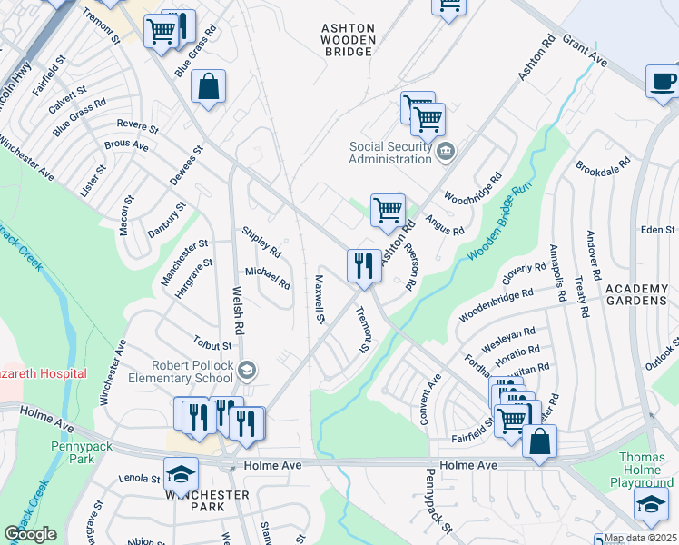 map of restaurants, bars, coffee shops, grocery stores, and more near 2733 Tremont Street in Philadelphia