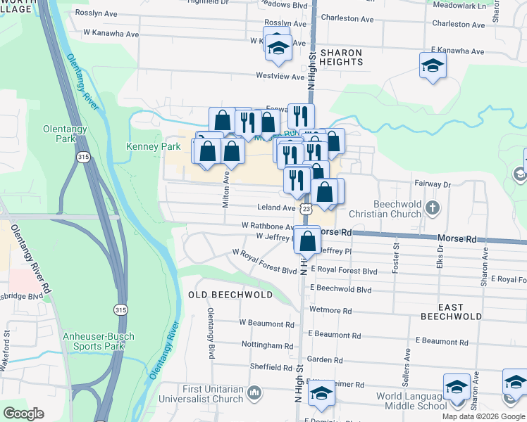map of restaurants, bars, coffee shops, grocery stores, and more near 93 Leland Avenue in Columbus