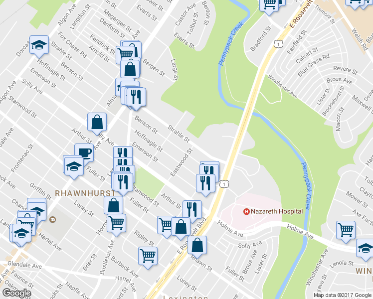 map of restaurants, bars, coffee shops, grocery stores, and more near 2235 Benson Street in Philadelphia