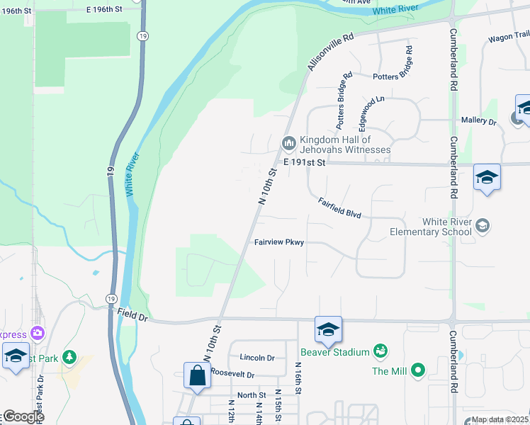 map of restaurants, bars, coffee shops, grocery stores, and more near 1620 North 10th Street in Noblesville