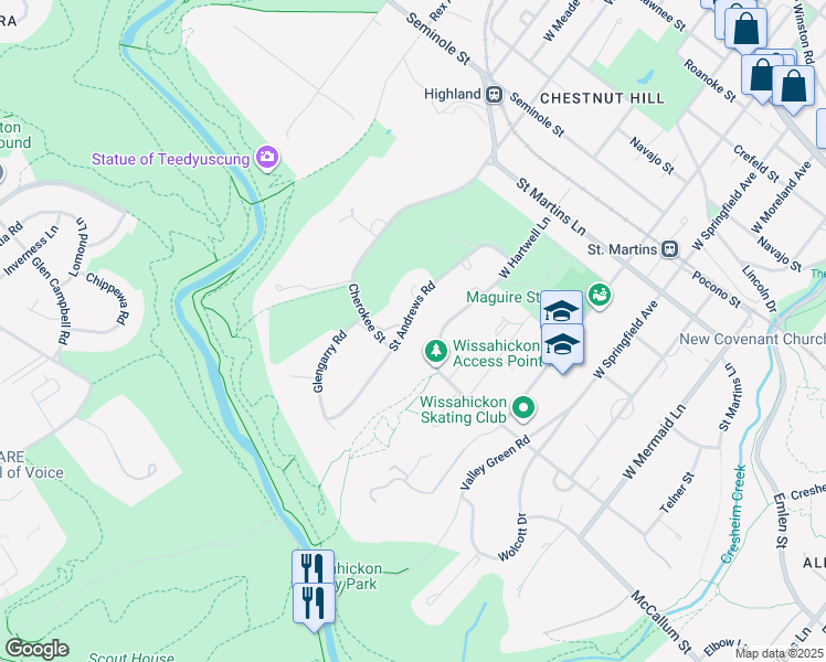 map of restaurants, bars, coffee shops, grocery stores, and more near 626 Saint Andrews Road in Philadelphia