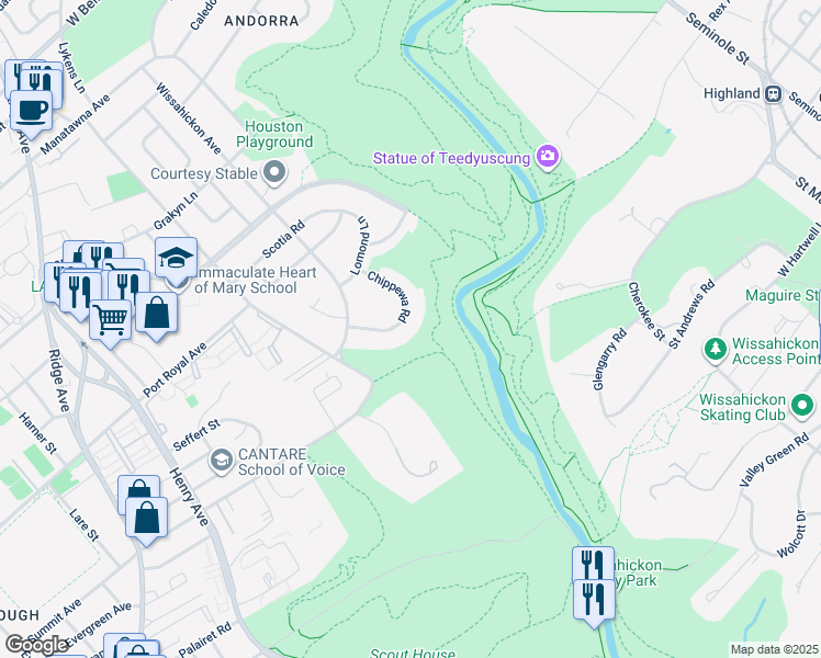 map of restaurants, bars, coffee shops, grocery stores, and more near 8420 Chippewa Road in Philadelphia