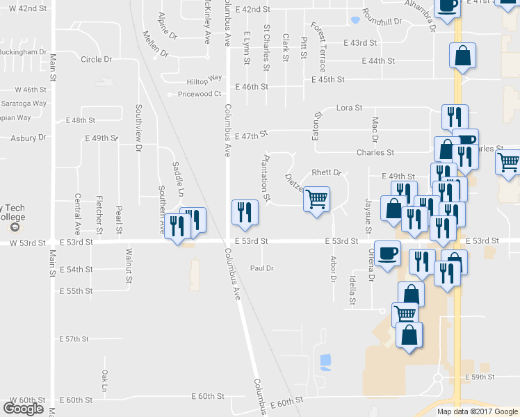 map of restaurants, bars, coffee shops, grocery stores, and more near 5019 Plantation Street in Anderson