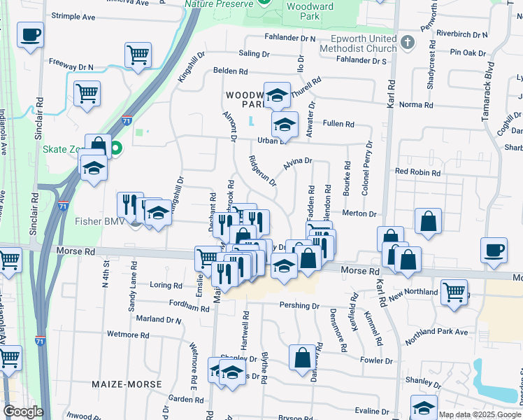 map of restaurants, bars, coffee shops, grocery stores, and more near 1274 Maize Court in Columbus