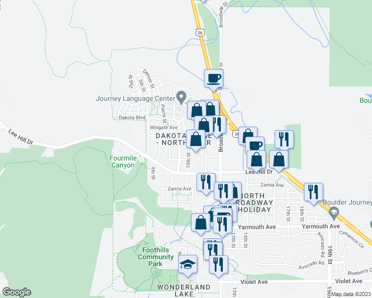 map of restaurants, bars, coffee shops, grocery stores, and more near in Boulder