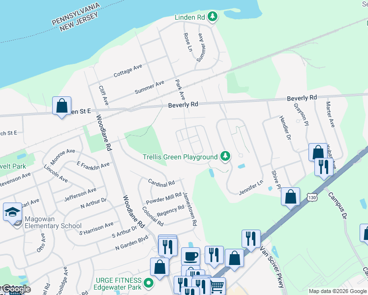 map of restaurants, bars, coffee shops, grocery stores, and more near 125 Riverwalk Boulevard in Burlington Township