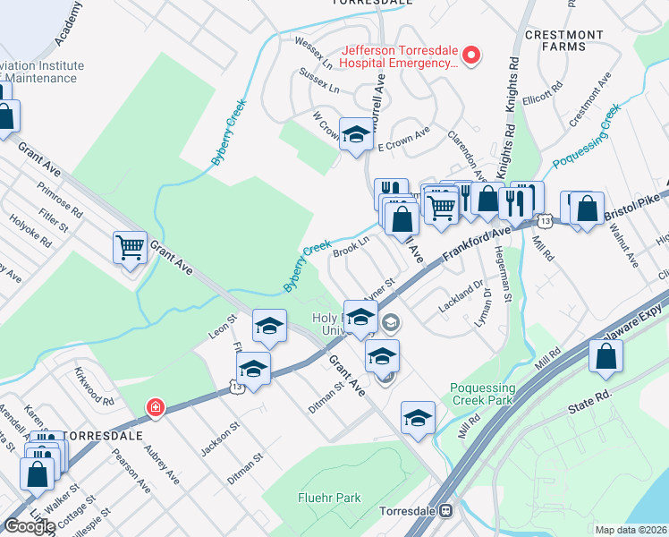 map of restaurants, bars, coffee shops, grocery stores, and more near 3950 Constance Road in Philadelphia