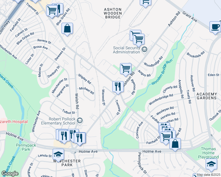 map of restaurants, bars, coffee shops, grocery stores, and more near 2733 Tremont Street in Philadelphia