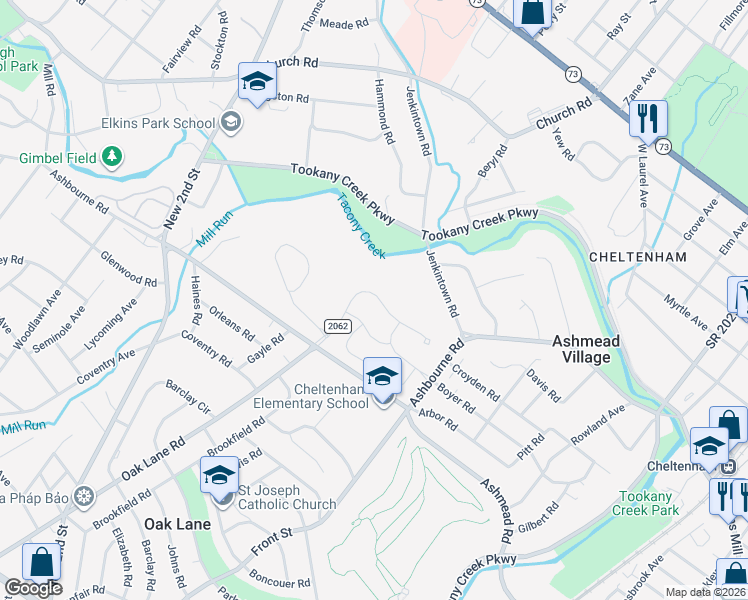 map of restaurants, bars, coffee shops, grocery stores, and more near 1100 Ashbourne Road in Elkins Park