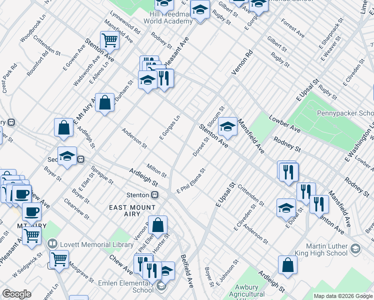 map of restaurants, bars, coffee shops, grocery stores, and more near 6745 Crittenden Street in Philadelphia