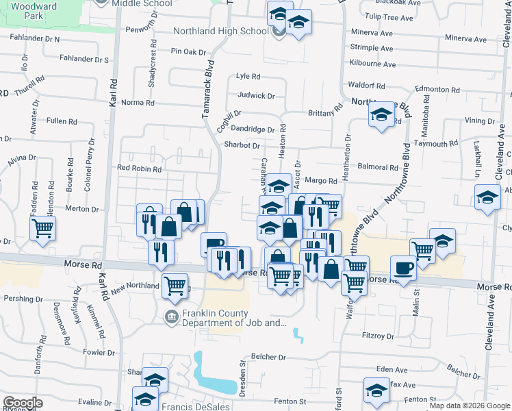 map of restaurants, bars, coffee shops, grocery stores, and more near 1895 Shady Court in Columbus
