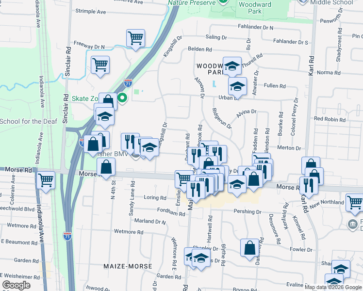 map of restaurants, bars, coffee shops, grocery stores, and more near 4772 Dechant Road in Columbus