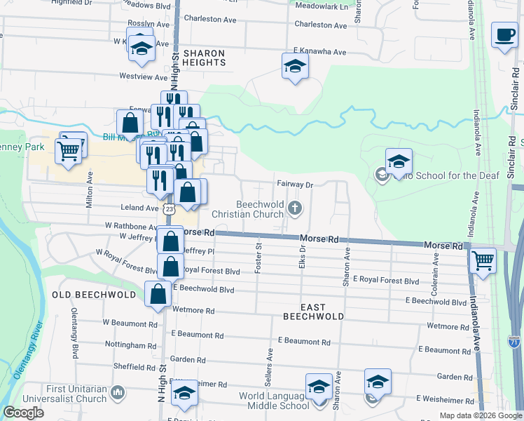 map of restaurants, bars, coffee shops, grocery stores, and more near 4916 Fuller Drive in Columbus