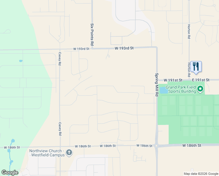 map of restaurants, bars, coffee shops, grocery stores, and more near 18950 Spring Mill Road in Westfield